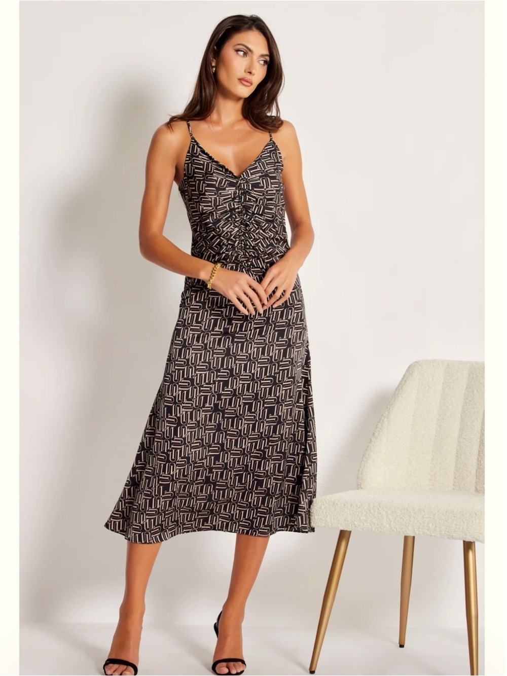 Bishop + Young Black Ruched Front Sleeveless Open Back Midi Dress Small